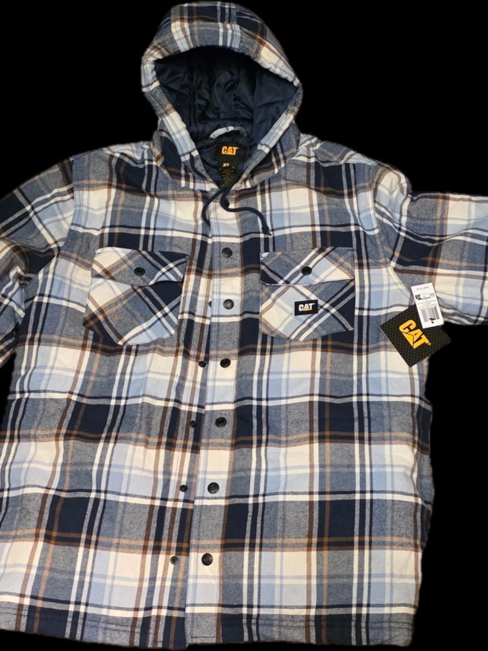 Men’s Cat Branded Blue Plaid Hooded Flannel Shirt Jacket (Very Nice Quality!)